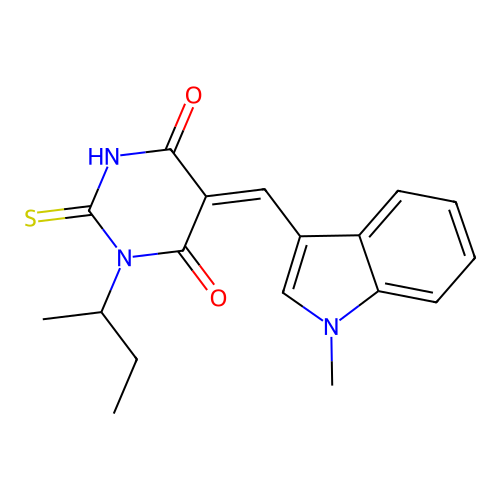 (Z)-1-(sec-butyl)-5-((1-methyl-1H-indol-3-yl)methylene)-2-thioxodihydropyrimidine-4,6(1H,5H)-dione structure