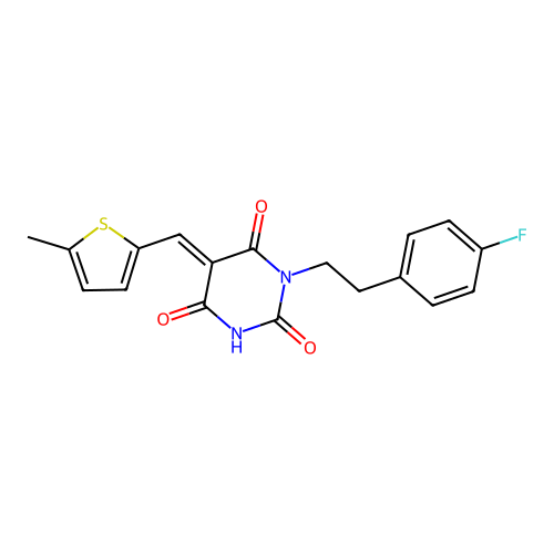 (E)-1-(4-fluorophenethyl)-5-((5-methylthiophen-2-yl)methylene)pyrimidine-2,4,6(1H,3H,5H)-trione structure