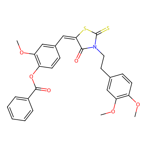 (E)-4-((3-(3,4-dimethoxyphenethyl)-4-oxo-2-thioxothiazolidin-5-ylidene)methyl)-2-methoxyphenyl benzoate structure