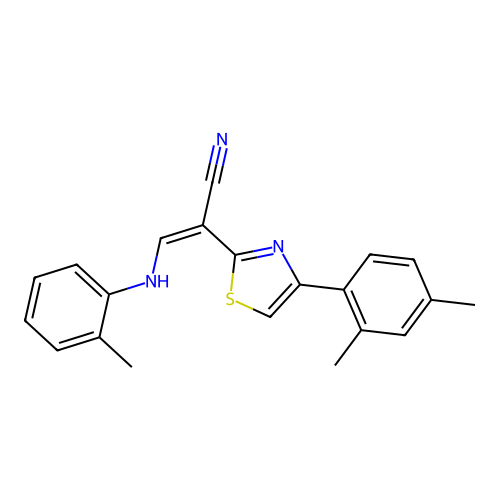 (Z)-2-(4-(2,4-dimethylphenyl)thiazol-2-yl)-3-(o-tolylamino)acrylonitrile structure