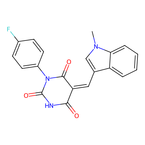 (Z)-1-(4-fluorophenyl)-5-((1-methyl-1H-indol-3-yl)methylene)pyrimidine-2,4,6(1H,3H,5H)-trione structure
