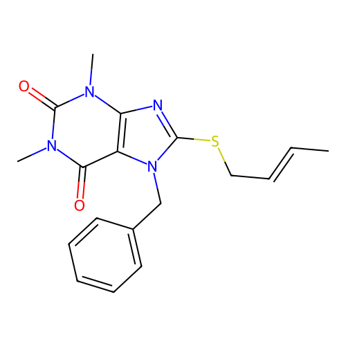 7-benzyl-8-[(2E)-2-butenylthio]-1,3-dimethyl-3,7-dihydro-1H-purine-2,6-dione structure