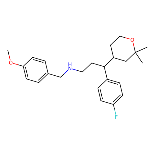 3-(2,2-dimethyloxan-4-yl)-3-(4-fluorophenyl)-N-[(4-methoxyphenyl)methyl]propan-1-amine structure