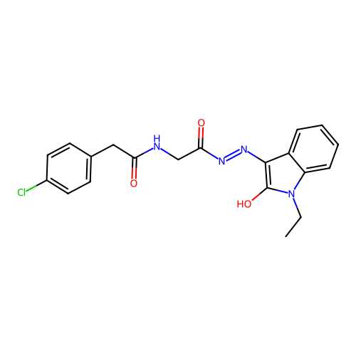 2-(4-chlorophenyl)-N-[2-[2-(1-ethyl-2-oxoindol-3-ylidene)hydrazinyl]-2-oxoethyl]acetamide structure