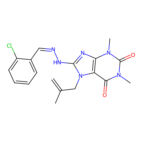 2-chlorobenzaldehyde [1,3-dimethyl-7-(2-methyl-2-propenyl)-2,6-dioxo-2,3,6,7-tetrahydro-1H-purin-8-yl]hydrazone structure