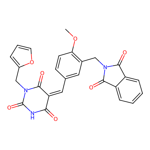 (Z)-5-(3-((1,3-dioxoisoindolin-2-yl)methyl)-4-methoxybenzylidene)-1-(furan-2-ylmethyl)pyrimidine-2,4,6(1H,3H,5H)-trione structure