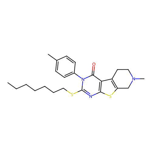 2-(heptylsulfanyl)-7-methyl-3-(4-methylphenyl)-5,6,7,8-tetrahydropyrido[4',3':4,5]thieno[2,3-d]pyrimidin-4(3H)-one structure
