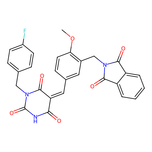 (5Z)-5-[[3-[(1,3-dioxoisoindol-2-yl)methyl]-4-methoxyphenyl]methylidene]-1-[(4-fluorophenyl)methyl]-1,3-diazinane-2,4,6-trione structure