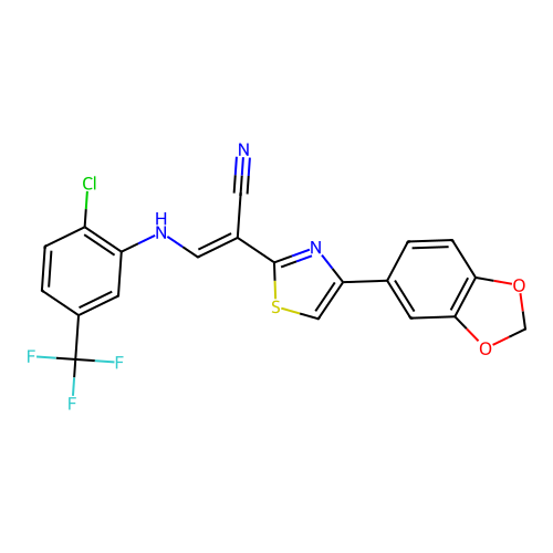 (E)-2-(4-(benzo[d][1,3]dioxol-5-yl)thiazol-2-yl)-3-((2-chloro-5-(trifluoromethyl)phenyl)amino)acrylonitrile structure