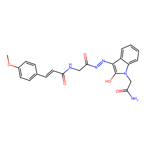 (2E)-N-(2-{(2Z)-2-[1-(2-amino-2-oxoethyl)-2-oxo-1,2-dihydro-3H-indol-3-ylidene]hydrazinyl}-2-oxoethyl)-3-(4-methoxyphenyl)prop-2-enamide structure