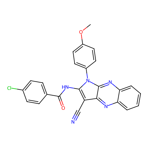 4-chloro-N-(3-cyano-1-(4-methoxyphenyl)-1H-pyrrolo[2,3-b]quinoxalin-2-yl)benzamide structure