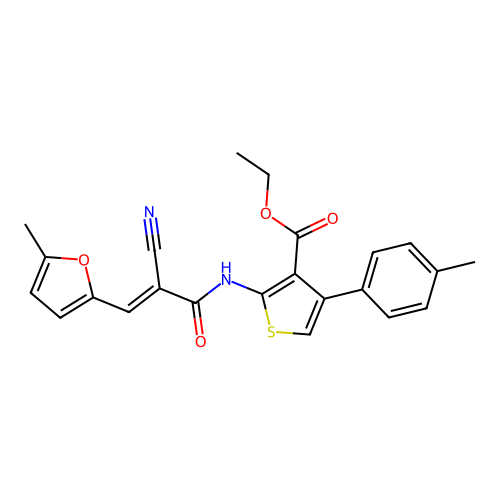 (E)-ethyl 2-(2-cyano-3-(5-methylfuran-2-yl)acrylamido)-4-(p-tolyl)thiophene-3-carboxylate structure