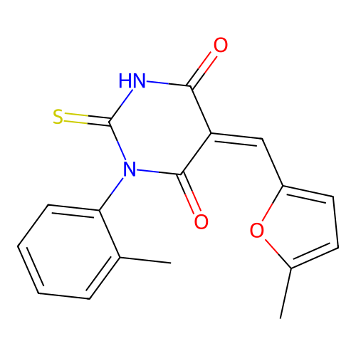 (5Z)-5-[(5-methylfuran-2-yl)methylidene]-1-(2-methylphenyl)-2-sulfanylidene-1,3-diazinane-4,6-dione structure
