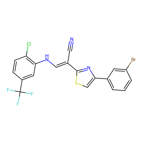 (2E)-2-[4-(3-bromophenyl)-1,3-thiazol-2-yl]-3-{[2-chloro-5-(trifluoromethyl)phenyl]amino}prop-2-enenitrile structure