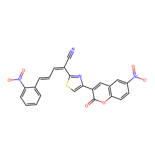 (2Z,4E)-2-(4-(6-nitro-2-oxo-2H-chromen-3-yl)thiazol-2-yl)-5-(2-nitrophenyl)penta-2,4-dienenitrile structure
