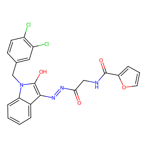 (Z)-N-(2-(2-(1-(3,4-dichlorobenzyl)-2-oxoindolin-3-ylidene)hydrazinyl)-2-oxoethyl)furan-2-carboxamide structure