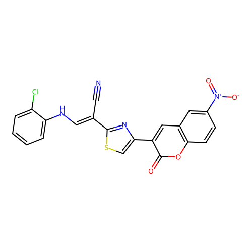 (2E)-3-[(2-chlorophenyl)amino]-2-[4-(6-nitro-2-oxo-2H-chromen-3-yl)-1,3-thiazol-2-yl]prop-2-enenitrile structure