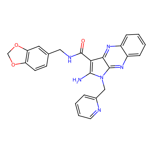 2-amino-N-(1,3-benzodioxol-5-ylmethyl)-1-(pyridin-2-ylmethyl)-1H-pyrrolo[2,3-b]quinoxaline-3-carboxamide structure