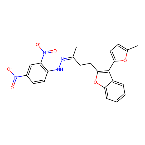 (2Z)-1-(2,4-dinitrophenyl)-2-{4-[3-(5-methylfuran-2-yl)-1-benzofuran-2-yl]butan-2-ylidene}hydrazine structure