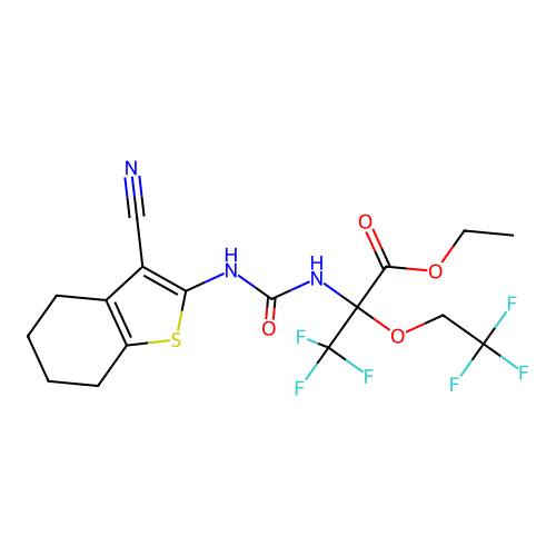 ethyl N-[(3-cyano-4,5,6,7-tetrahydro-1-benzothiophen-2-yl)carbamoyl]-3,3,3-trifluoro-2-(2,2,2-trifluoroethoxy)alaninate structure
