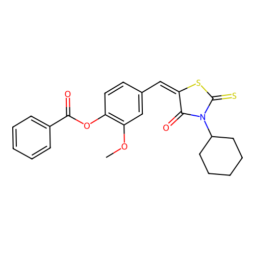 (E)-4-((3-cyclohexyl-4-oxo-2-thioxothiazolidin-5-ylidene)methyl)-2-methoxyphenyl benzoate structure
