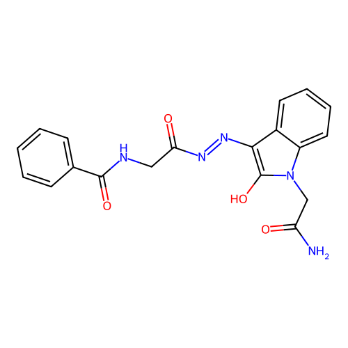 N-[2-[2-[1-(2-amino-2-oxoethyl)-2-oxoindol-3-ylidene]hydrazinyl]-2-oxoethyl]benzamide structure