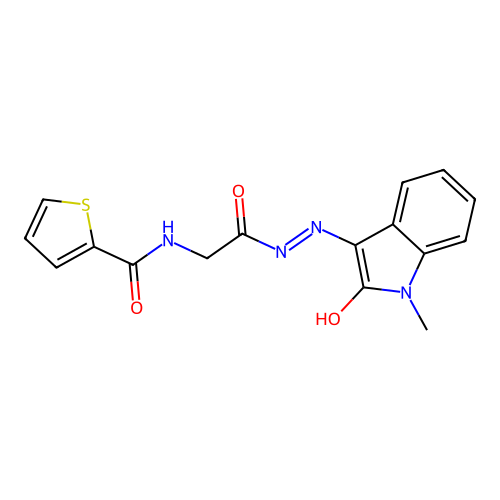 N-[2-[2-(1-methyl-2-oxoindol-3-ylidene)hydrazinyl]-2-oxoethyl]thiophene-2-carboxamide structure