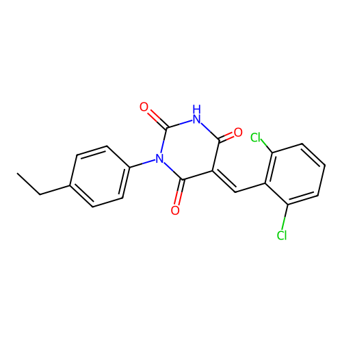 (5E)-5-(2,6-dichlorobenzylidene)-1-(4-ethylphenyl)pyrimidine-2,4,6(1H,3H,5H)-trione structure