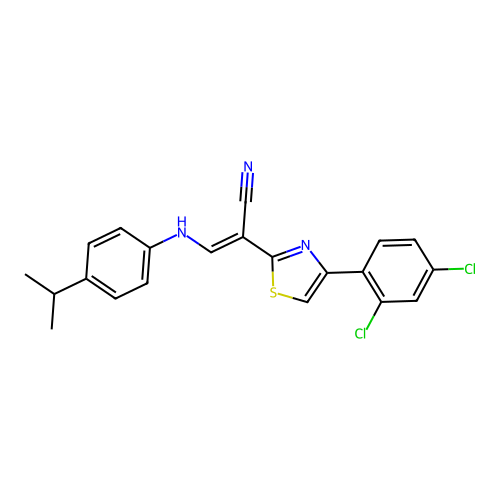 (E)-2-(4-(2,4-dichlorophenyl)thiazol-2-yl)-3-((4-isopropylphenyl)amino)acrylonitrile structure