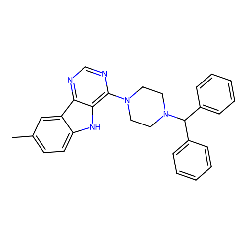 4-(4-benzhydrylpiperazin-1-yl)-8-methyl-5H-pyrimido[5,4-b]indole structure