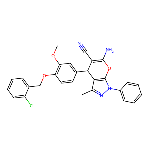 6-amino-4-(4-((2-chlorobenzyl)oxy)-3-methoxyphenyl)-3-methyl-1-phenyl-1,4-dihydropyrano[2,3-c]pyrazole-5-carbonitrile structure