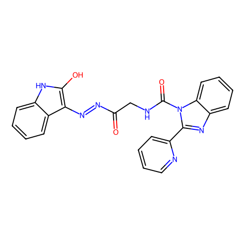 N-[[(2-oxoindol-3-yl)amino]carbamoylmethyl]-2-pyridin-2-yl-benzoimidazole-1-carboxamide structure
