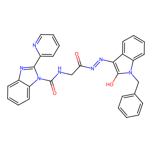 (Z)-N-(2-(2-(1-benzyl-2-oxoindolin-3-ylidene)hydrazinyl)-2-oxoethyl)-2-(pyridin-2-yl)-1H-benzo[d]imidazole-1-carboxamide structure