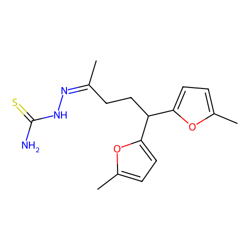 (Z)-2-(5,5-bis(5-methylfuran-2-yl)pentan-2-ylidene)hydrazinecarbothioamide structure