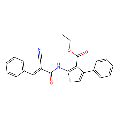 (E)-ethyl 2-(2-cyano-3-phenylacrylamido)-4-phenylthiophene-3-carboxylate structure