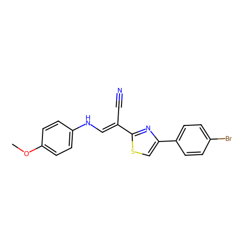(2E)-2-[4-(4-bromophenyl)-1,3-thiazol-2-yl]-3-[(4-methoxyphenyl)amino]prop-2-enenitrile structure