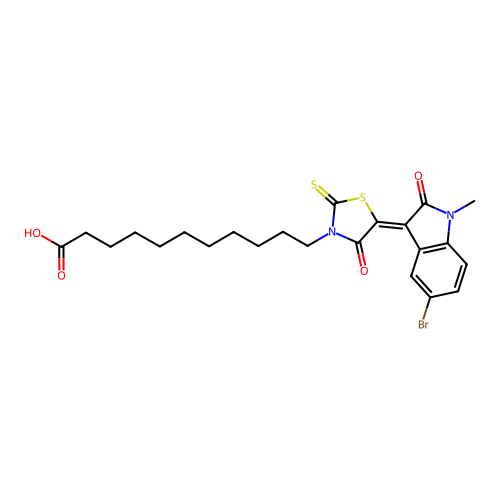 11-[(5Z)-5-(5-bromo-1-methyl-2-oxo-1,2-dihydro-3H-indol-3-ylidene)-4-oxo-2-thioxo-1,3-thiazolidin-3-yl]undecanoic acid structure