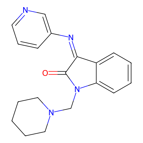(3Z)-1-(piperidin-1-ylmethyl)-3-(pyridin-3-ylimino)-1,3-dihydro-2H-indol-2-one structure