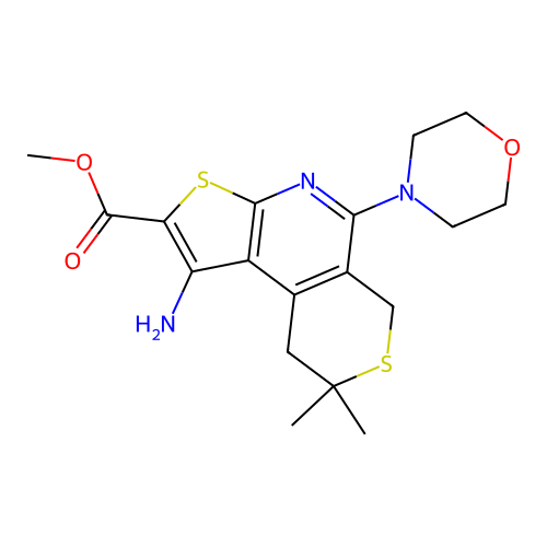 methyl 1-amino-8,8-dimethyl-5-(morpholin-4-yl)-8,9-dihydro-6H-thieno[2,3-b]thiopyrano[4,3-d]pyridine-2-carboxylate structure