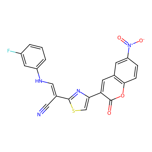 3-((3-fluorophenyl)amino)-2-(4-(6-nitro-2-oxo-2H-chromen-3-yl)thiazol-2-yl)acrylonitrile structure