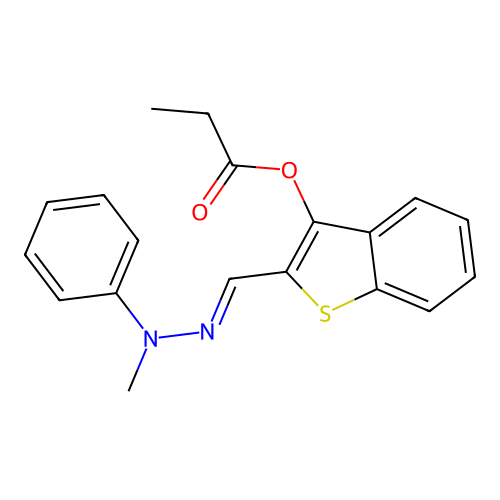 2-[(E)-(2-methyl-2-phenylhydrazinylidene)methyl]-1-benzothiophen-3-yl propanoate structure
