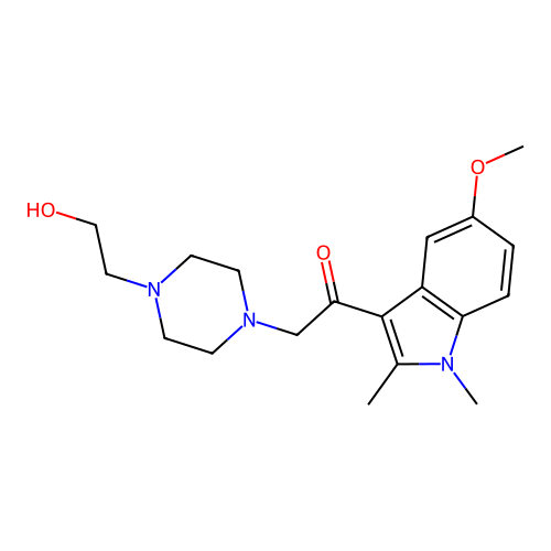 2-(4-(2-hydroxyethyl)piperazin-1-yl)-1-(5-methoxy-1,2-dimethyl-1H-indol-3-yl)ethanone structure