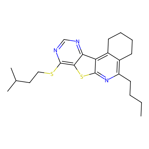 5-butyl-8-(isopentylthio)-1,2,3,4-tetrahydropyrimido[4',5':4,5]thieno[2,3-c]isoquinoline structure