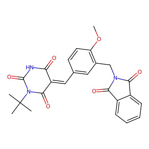 (5E)-1-tert-butyl-5-[[3-[(1,3-dioxoisoindol-2-yl)methyl]-4-methoxyphenyl]methylidene]-1,3-diazinane-2,4,6-trione structure