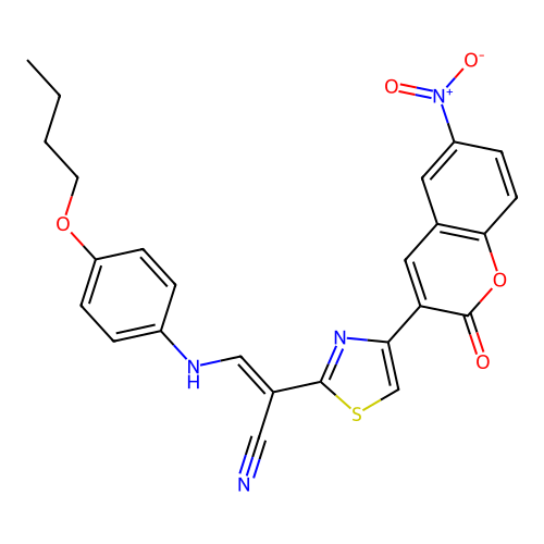 3-((4-butoxyphenyl)amino)-2-(4-(6-nitro-2-oxo-2H-chromen-3-yl)thiazol-2-yl)acrylonitrile structure
