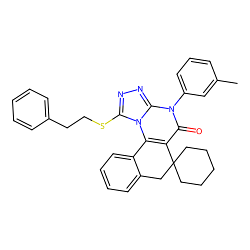 1-(phenethylthio)-4-(m-tolyl)-4H-spiro[benzo[h][1,2,4]triazolo[4,3-a]quinazoline-6,1'-cyclohexan]-5(7H)-one structure
