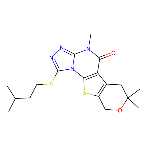 1-(isopentylthio)-4,7,7-trimethyl-6,7-dihydro-4H-pyrano[4',3':4,5]thieno[3,2-e][1,2,4]triazolo[4,3-a]pyrimidin-5(9H)-one structure