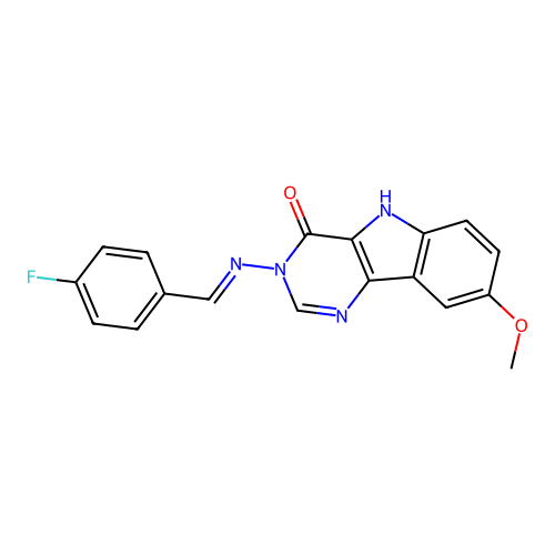(E)-3-((4-fluorobenzylidene)amino)-8-methoxy-3H-pyrimido[5,4-b]indol-4(5H)-one structure