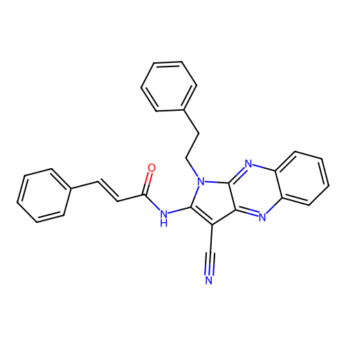 N-(3-cyano-1-phenethyl-1H-pyrrolo[2,3-b]quinoxalin-2-yl)cinnamamide structure