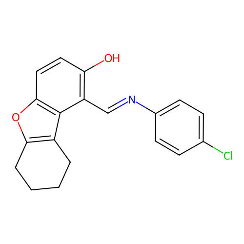 (E)-1-(((4-chlorophenyl)imino)methyl)-6,7,8,9-tetrahydrodibenzo[b,d]furan-2-ol structure